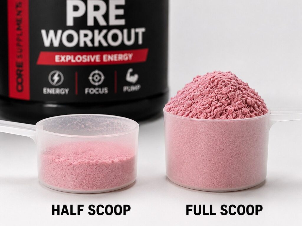 Half scoop versus full scoop of pre-workout powder showing proper dosage for beginners.