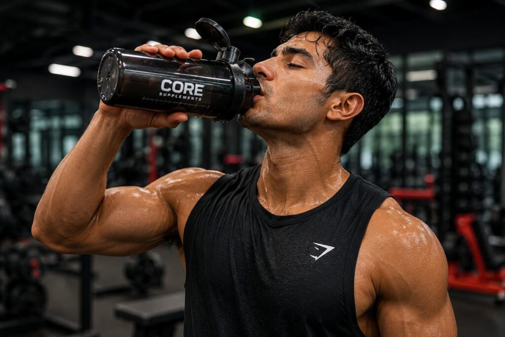 Gym athlete drinking water during workout to stay hydrated while using pre-workout supplements.