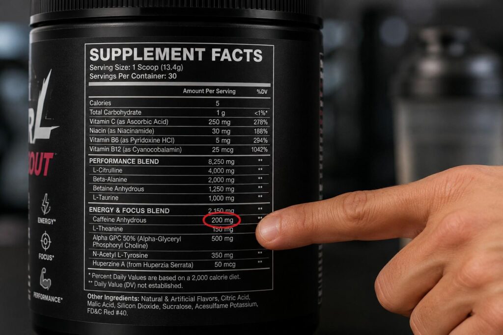 Close-up of a pre-workout supplement facts label showing ingredient doses including L-Citrulline and caffeine amounts.