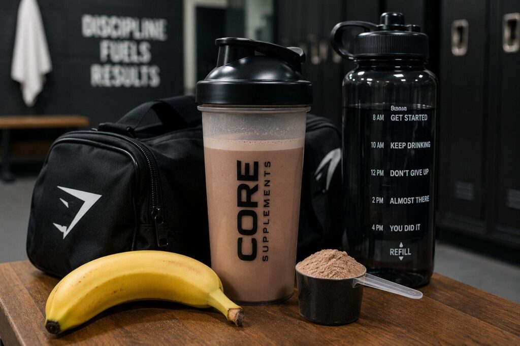Post-workout nutrition setup showing protein shake, banana, and water bottle for muscle recovery after using pre-workout.