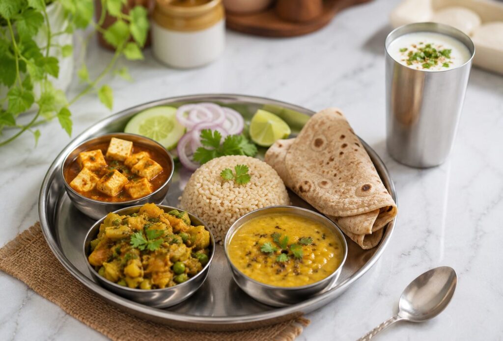 healthy Indian meal for intermittent fasting eating window - dal paneer sabzi