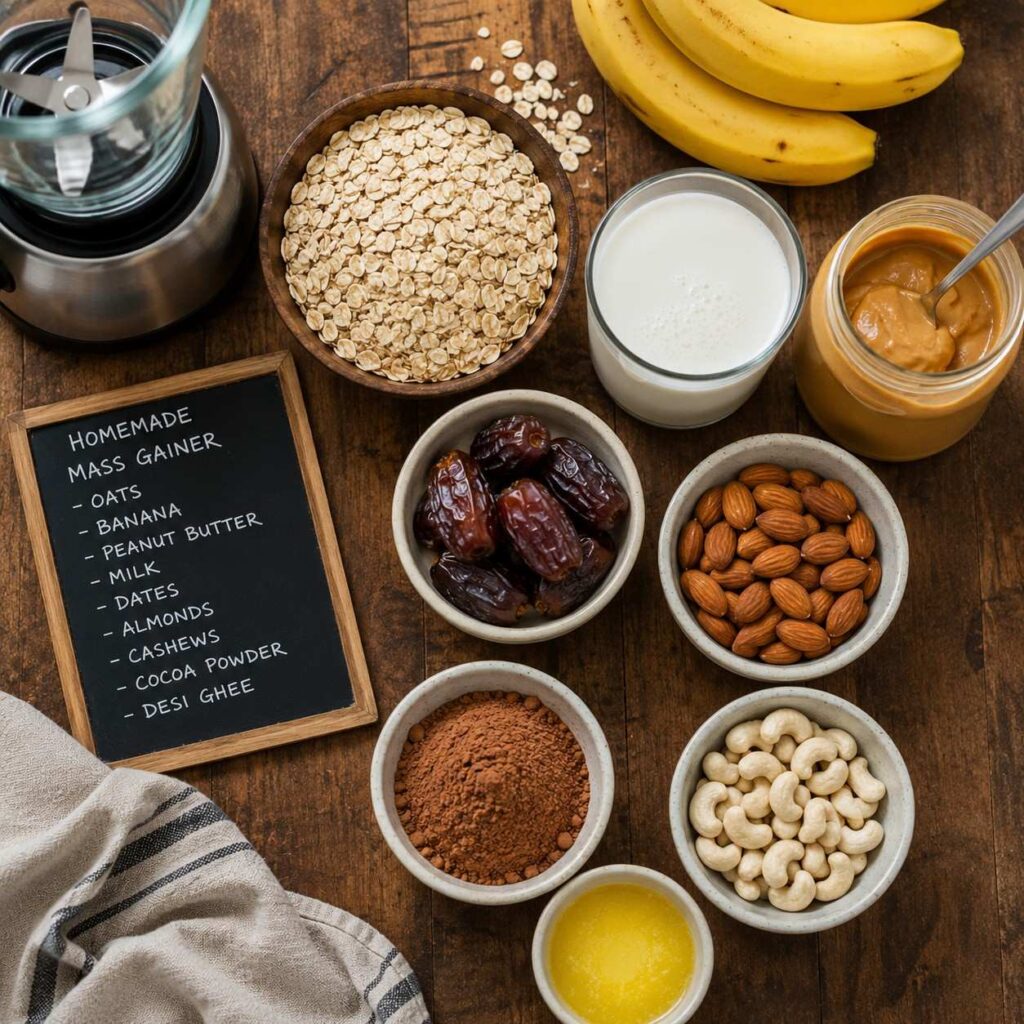 Homemade mass gainer ingredients including oats banana peanut butter and milk
