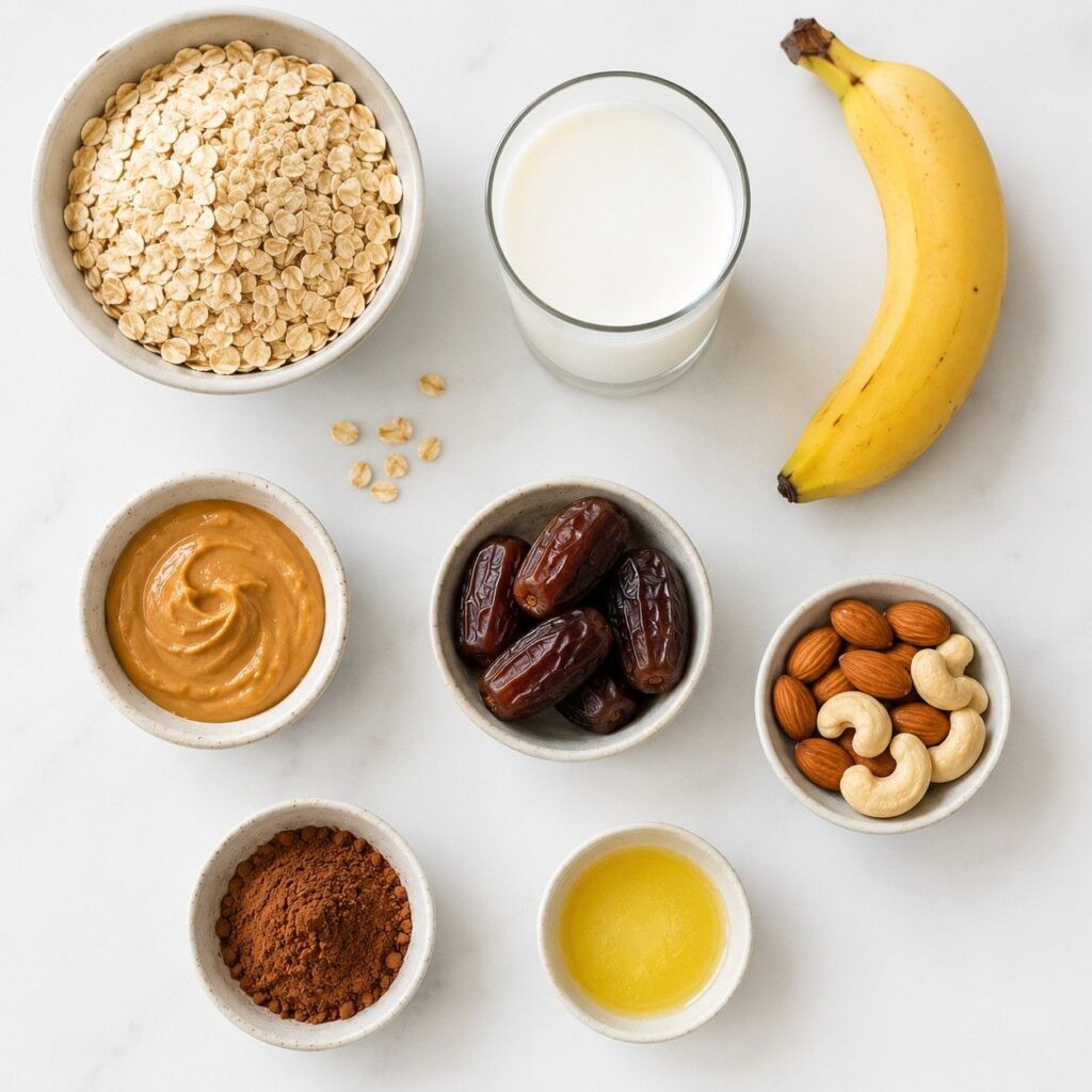 Natural ingredients for homemade mass gainer including ghee dates and hung curd