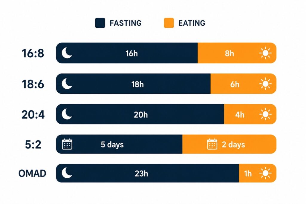 intermittent fasting methods comparison chart - 16:8 vs 18:6 vs OMAD for fat loss