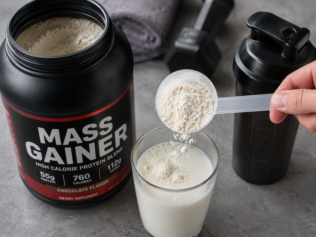 Mass gainer powder scoop being added to milk for muscle gain