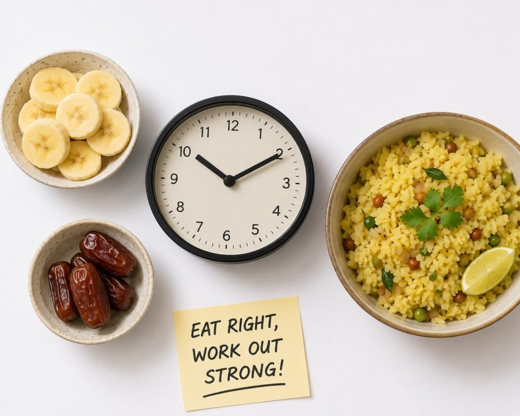 Clock and healthy snacks representing pre workout snack timing chart