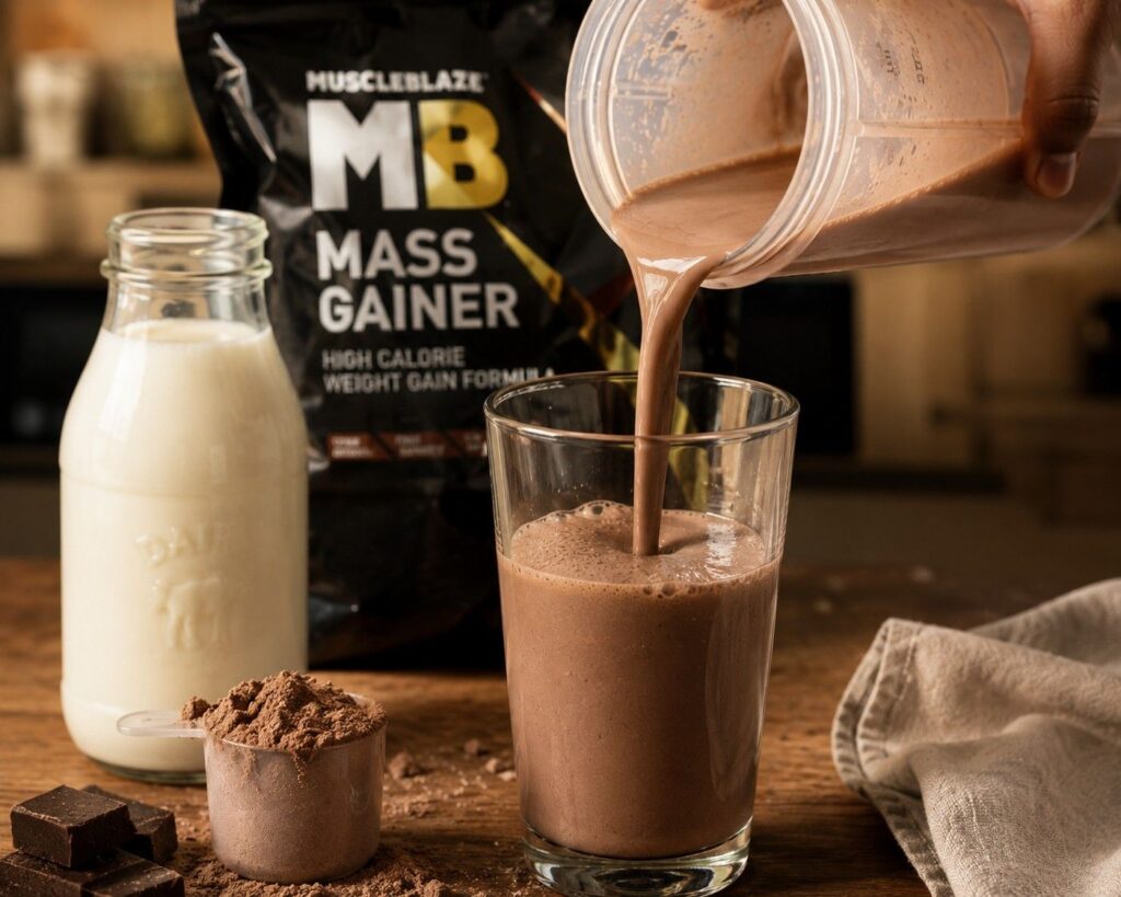 mass gainer mixed with full-fat milk for extra calories and protein
