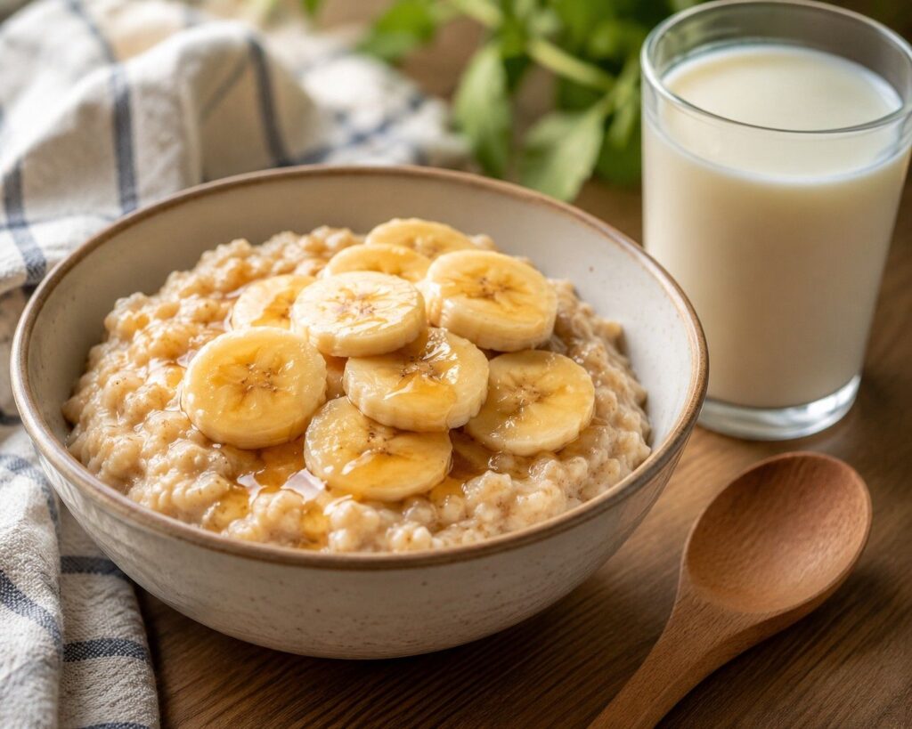 Bowl of oats with milk and banana as a pre workout snack