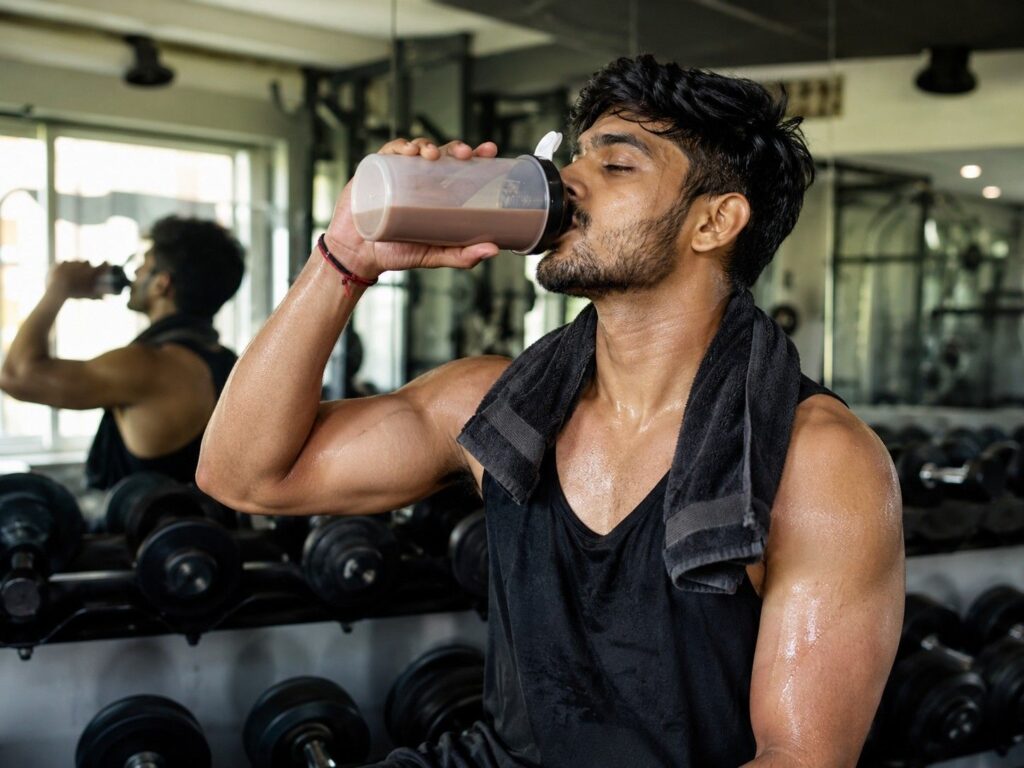 Beginner drinking mass gainer shake after workout