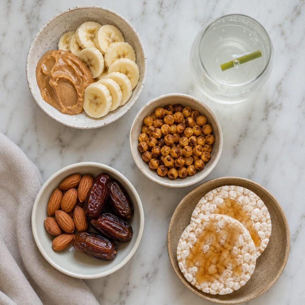 Variety of Indian pre workout snack ideas including fruits nuts and dates