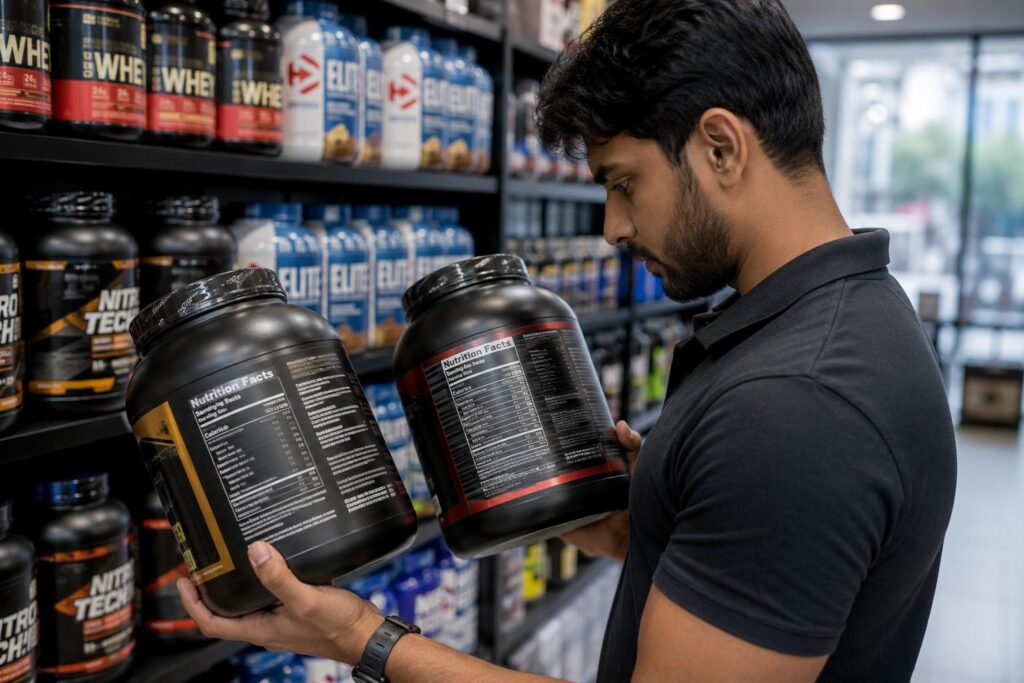 Comparing mass gainer nutrition labels before buying