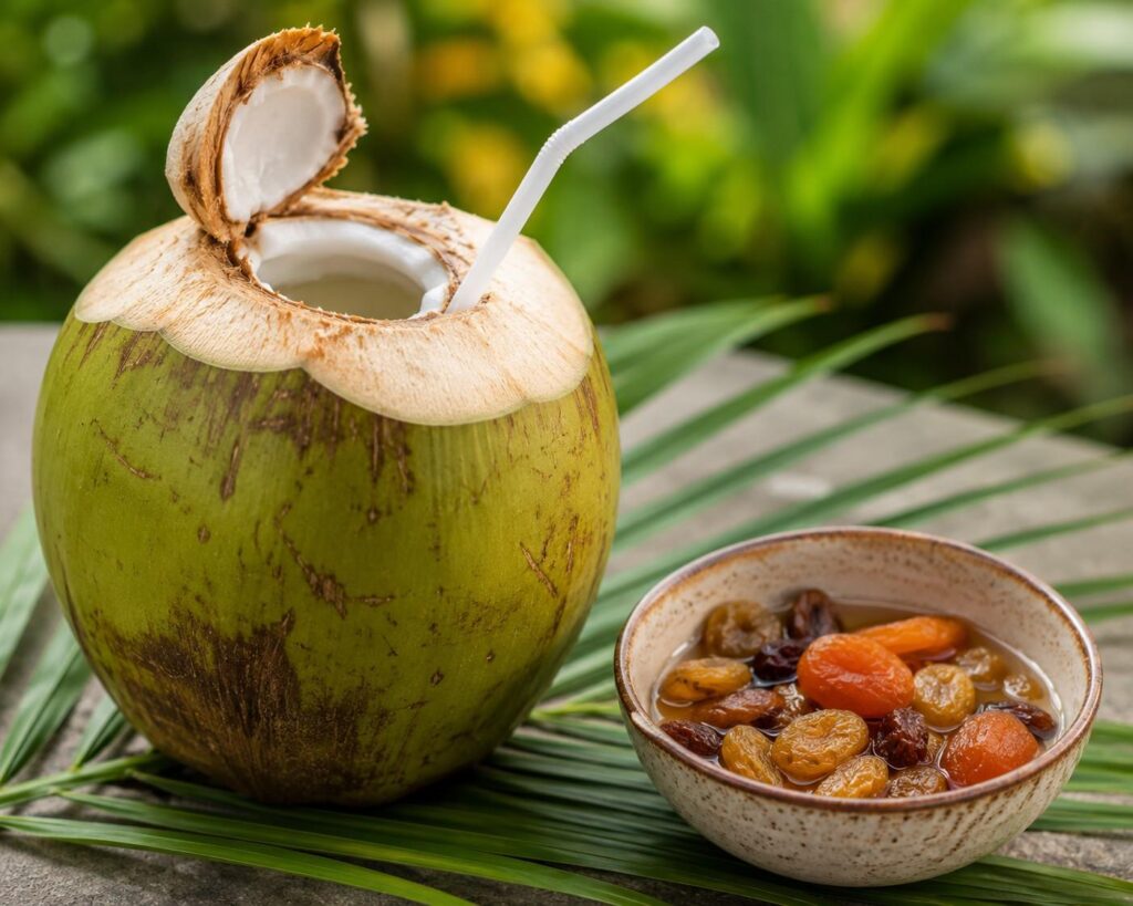 Coconut water and dry fruits pre workout snack combo
