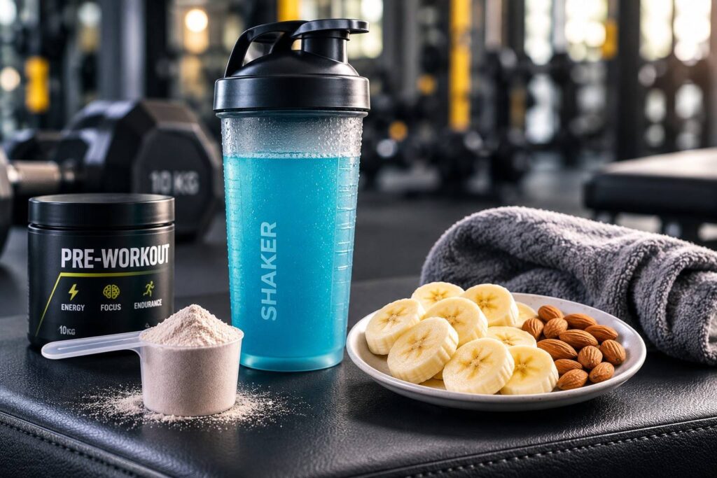 Pre workout supplement scoop next to a healthy snack plate