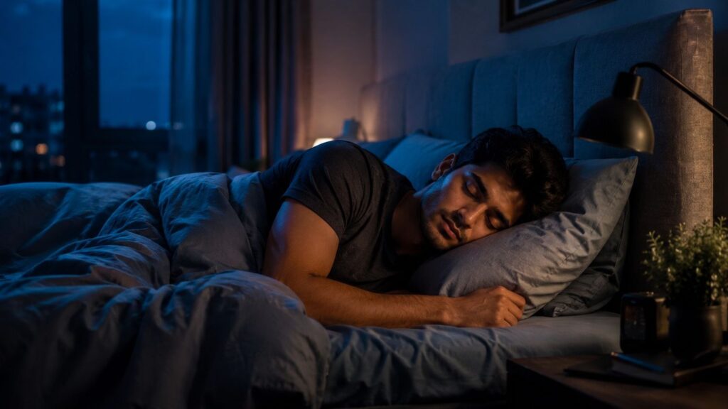 Person sleeping peacefully after evening workout session