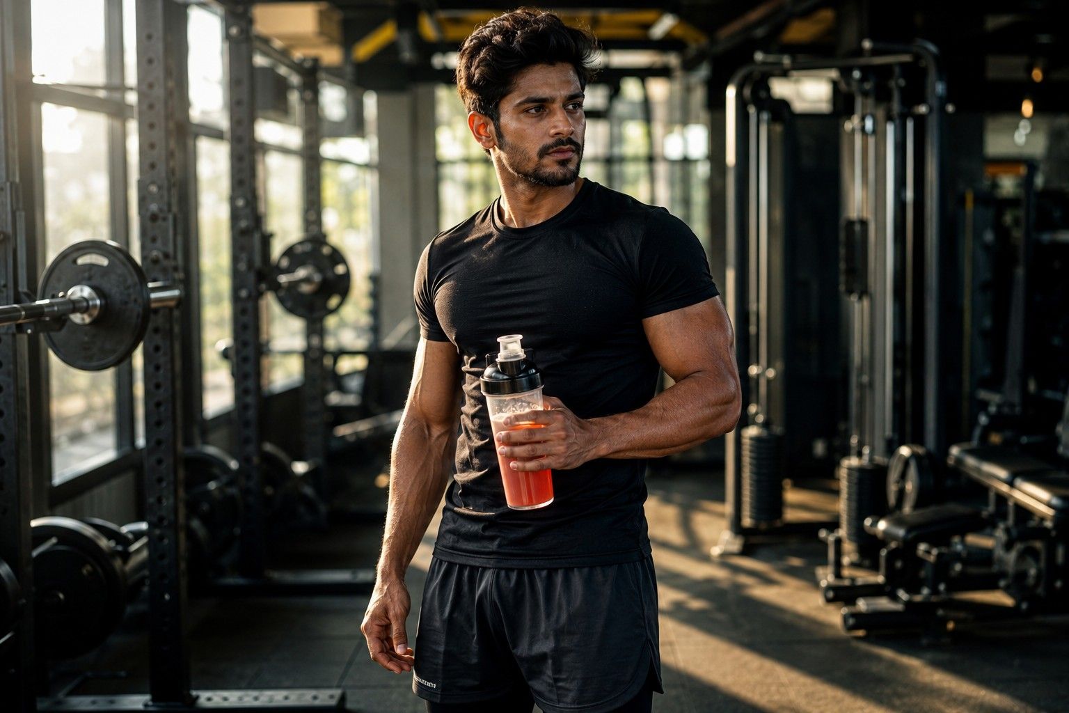 Indian athlete holding caffeine free pre workout shaker in gym