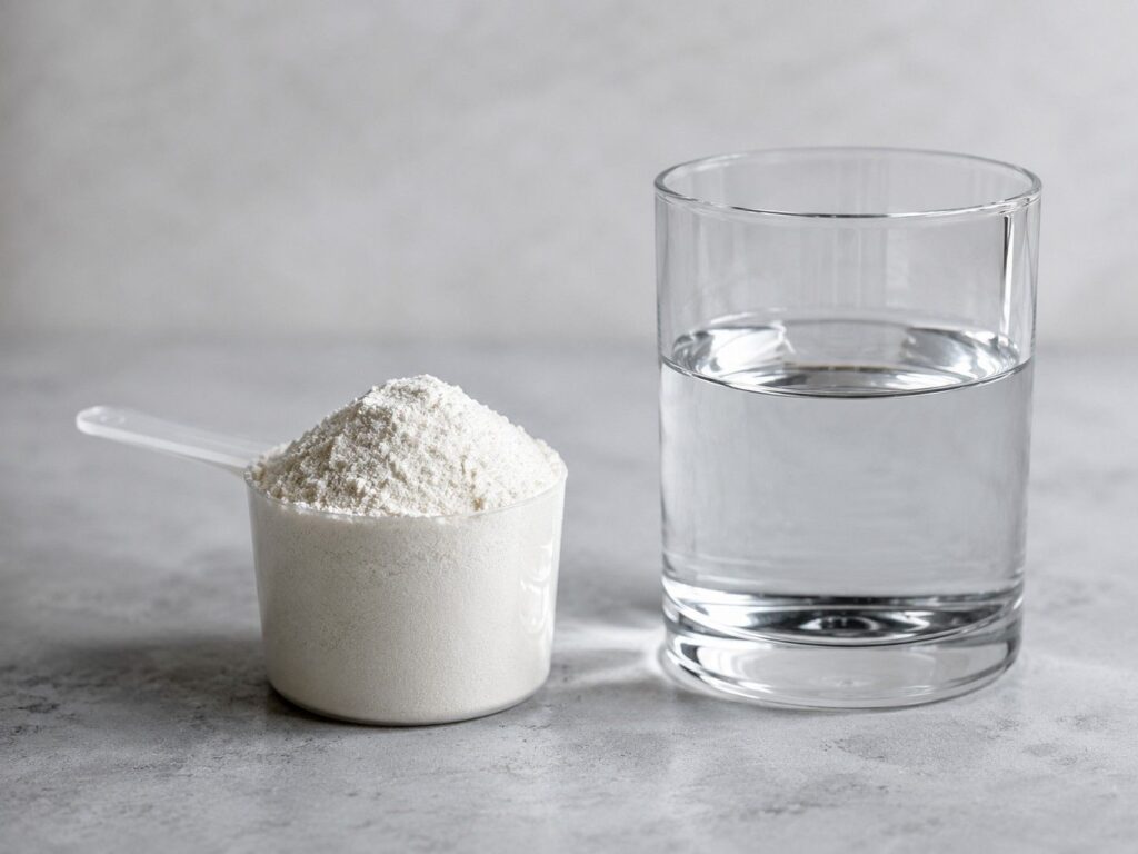 Scoop of caffeine free pre workout powder with water glass