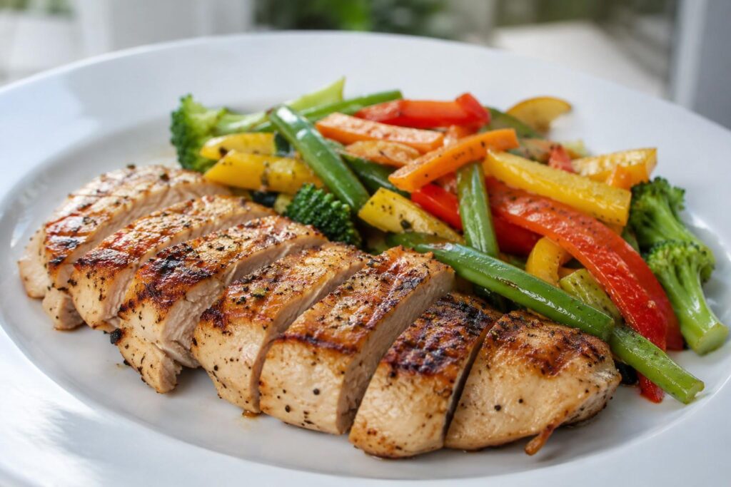 Grilled chicken and paneer vegetable stir-fry for office lunch fat loss.
