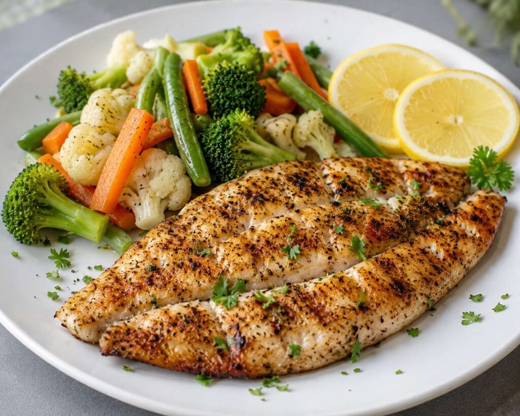 Grilled fish with steamed vegetables lean protein office lunch