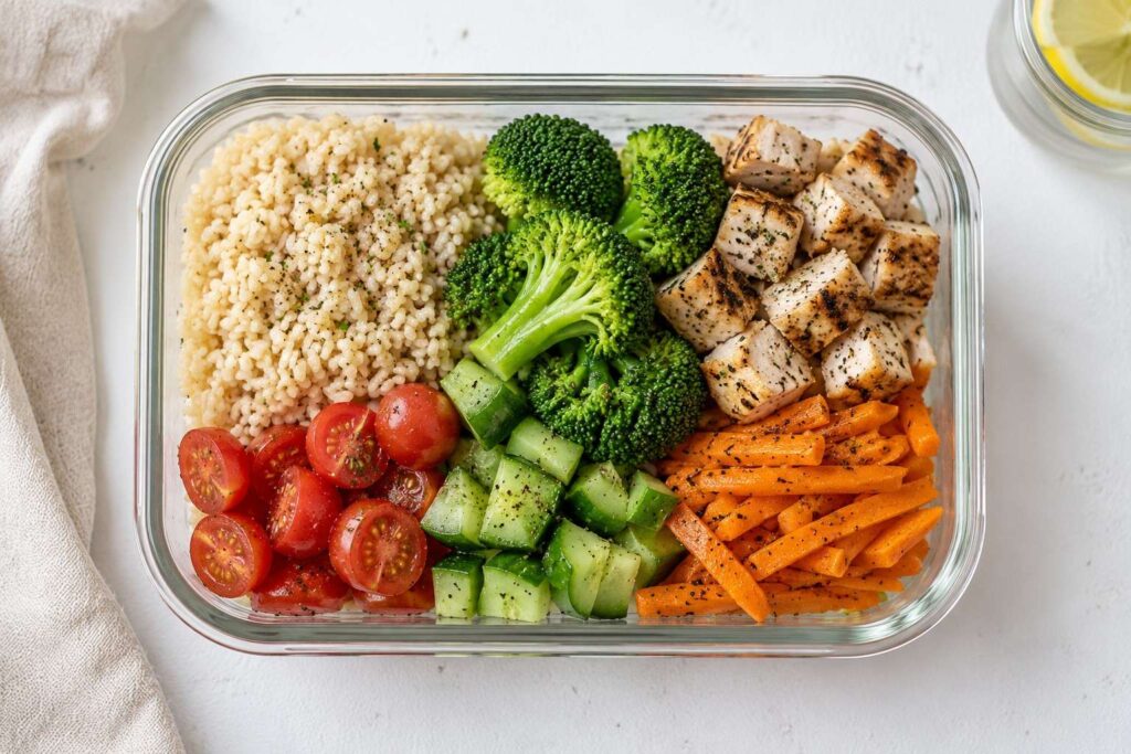 Healthy meal prep bowl with rice and vegetables