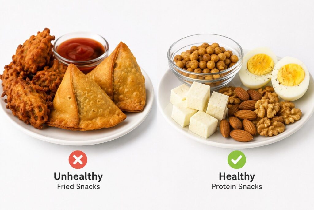 Comparison of unhealthy fried snacks versus healthy snacks for fat loss