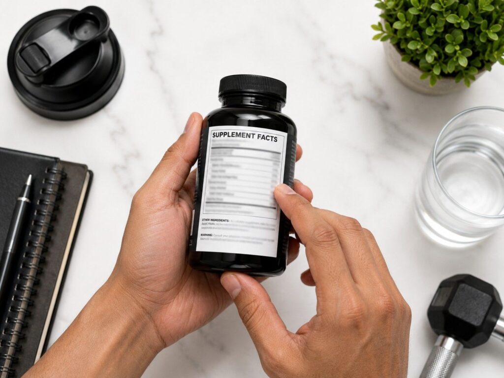 Hand reading caffeine free pre workout supplement label
