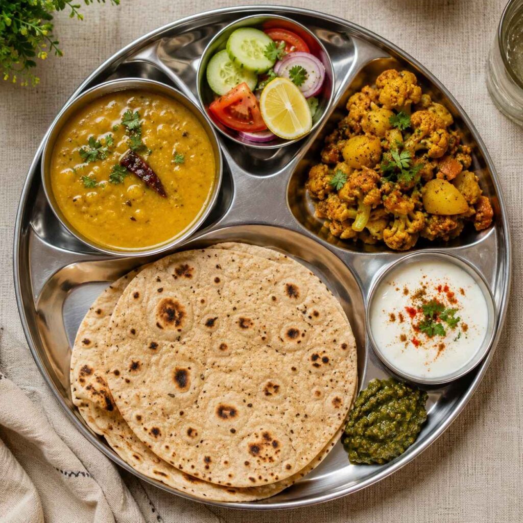Multigrain roti with dal and sabzi portion controlled fat loss lunch
