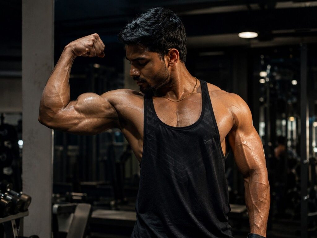 Indian bodybuilder showing muscle pump and vascularity