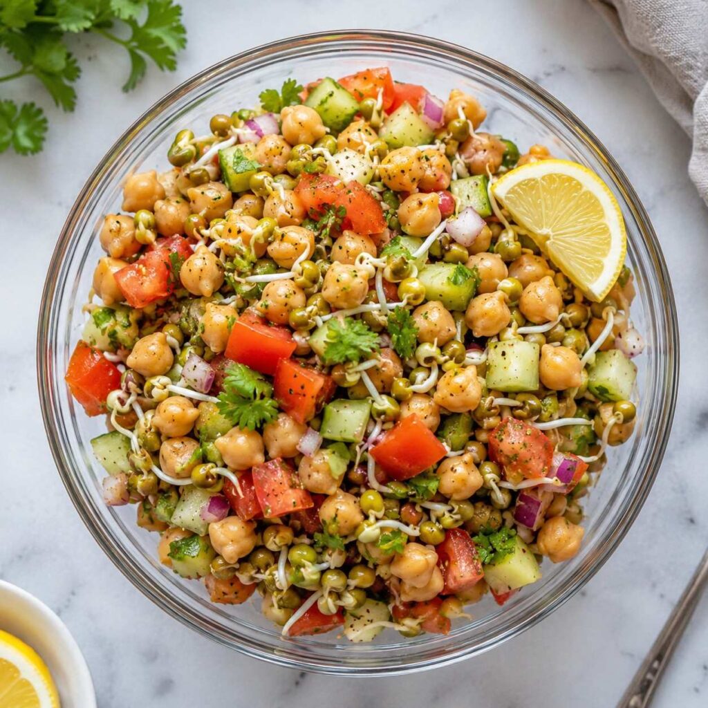 Sprouts and chickpea salad bowl healthy office lunch idea