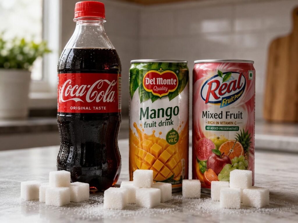Sugary drinks and packaged juices to avoid for fat loss.