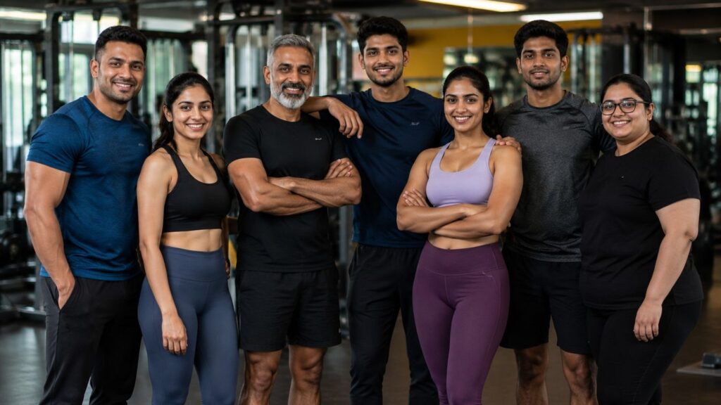 Diverse group of Indian gym-goers considering caffeine free pre workout